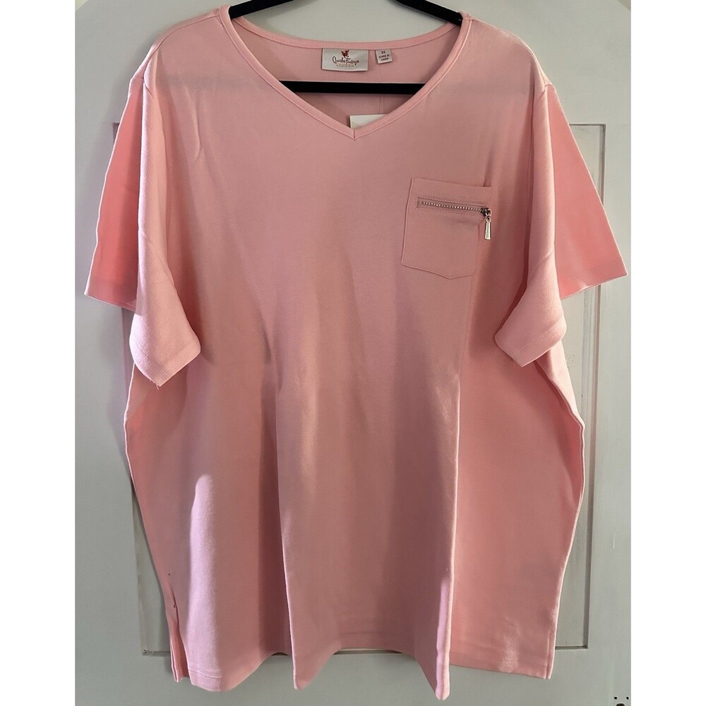 🖤Quacker Factory V Neck Short Sleeve Pink Top W/ Zip Rhinestone Accent Pocket 3X